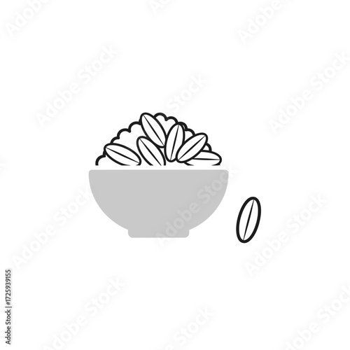A simple, stylized illustration of a bowl of rice with a single grain of rice next to it.