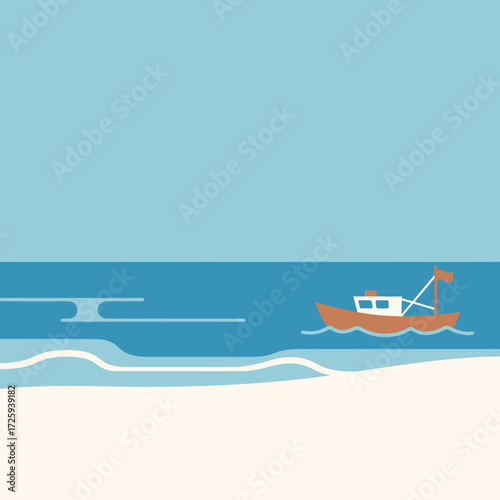A minimalist illustration of a small fishing boat sailing on calm blue ocean waters near a sandy beach under a clear sky.