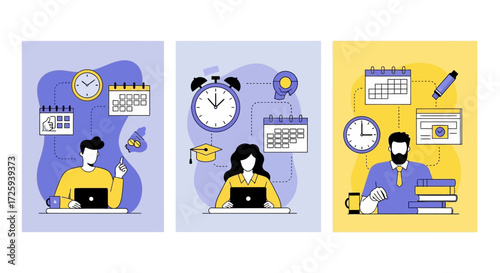 Modern Flat Illustration of People Working on Laptops Amidst Calendars and Clocks Representing Time Management and Productivity Concepts