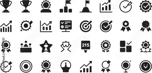 Collection of black achievement and success icons on white background trophy award