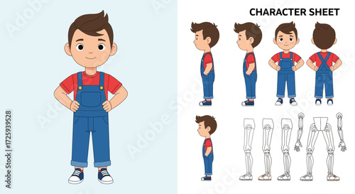 Adorable cartoon boy character illustration with multiple views and wireframe design showing his full body appearance and movement possibilities for animation projects