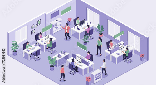 Modern Open Plan Office Environment with Diverse Employees Collaborating and Working on Computers