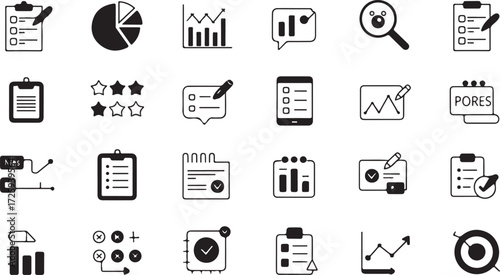 Collection of black and white business and data icons on white background analytics chart