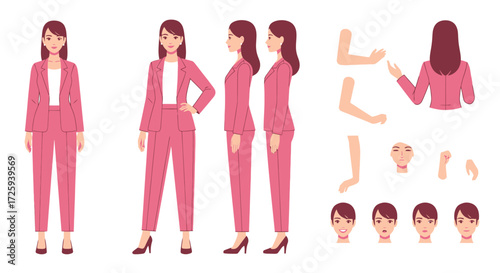 Character Design Sheet for a Professional Woman in a Pink Business Suit Showcasing Various Poses and Facial Expressions