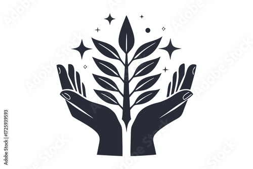 Two open hands hold a leafy branch surrounded by shining stars above