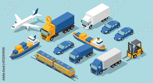 Global Logistics and Transportation Network Illustrating Diverse Delivery Methods and Vehicles for Worldwide Shipping and Distribution Services