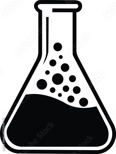 Erlenmeyer laboratory flask icon with bubbles and liquid, a black and white vector silhouette for science and chemistry