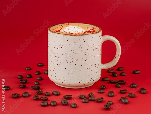 Creamy Latte Art Coffee in Speckled Mug with Beans