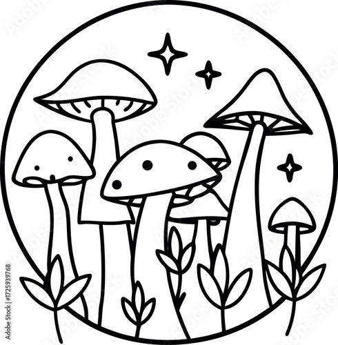 mushroom forest glowing under crescent moon illustration on transparent background
