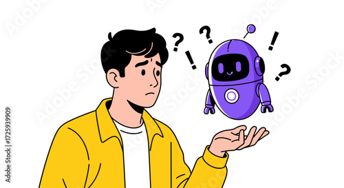 Confused Person Holding a Curious Robot Asking Questions About Artificial Intelligence