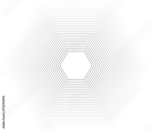 Hexagonal shape with 32 concentric continuous lines of equal thickness featuring a gradient