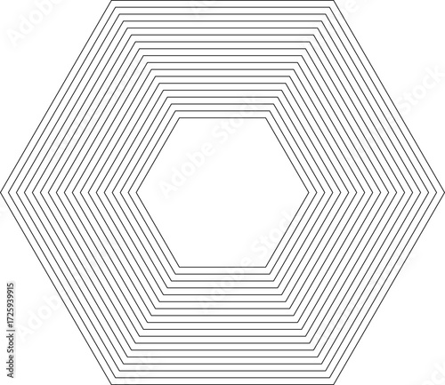 Hexagonal shape with 18 concentric continuous lines of equal thickness without gradient