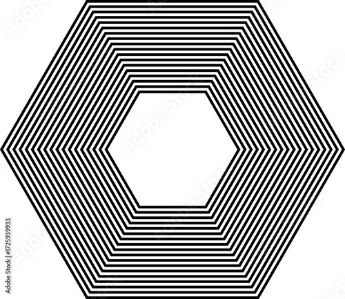 Hexagonal shape with 18 concentric continuous thick lines all of equal thickness without gradient