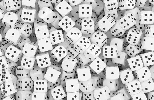 White dice pile with black dots, background. 3D rendering