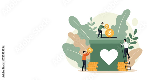 People donating money to a charity box with a heart symbol and coins piled up representing generosity and giving