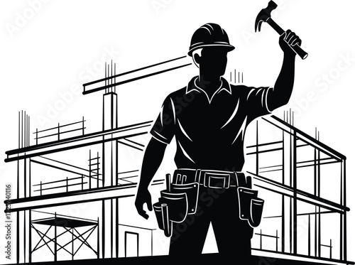 Construction, worker, building, silhouette, hammer, hard hat, scaffolding, industrial, labor, development, tools, architecture, site, safety, structure