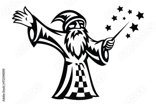 Wizard casting stars with his magic wand shows a powerful magical scene