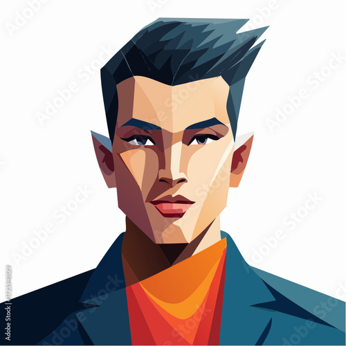 Modern masculinity captured in a sharp, angular low-poly style. Digital art portrait of a confident Asian man