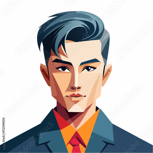 Stylized geometric portrait of a confident young businessman with blue hair, a modern vector illustration for corporate identity or avatar
