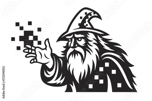 Wizard casts pixelated spell with hand, showing magical energy in black and white