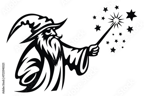 wizard casts spell generating stars using a magic wand in black and white
