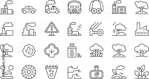 Collection of environmental pollution and nature icons factory gas mask