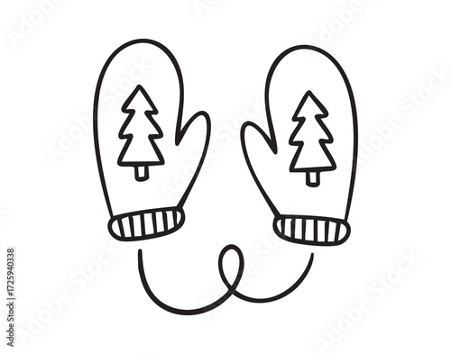 beige mittens with green tree, monochrome line art hand drawn style, monochrome line art doodle hand drawn cartoon icon element