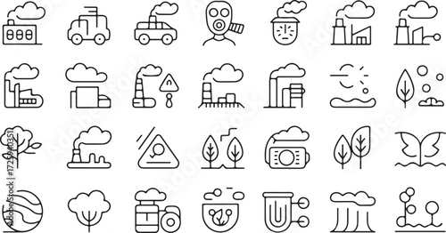 Collection of environmental pollution and nature icons factory smoke