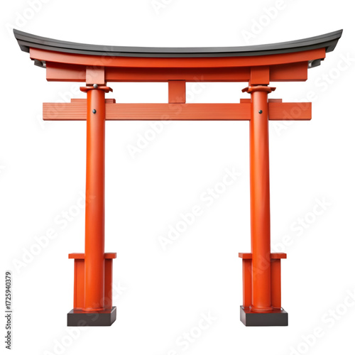 Bright orange traditional Japanese torii gate with black roof and base architecture