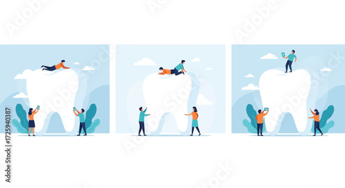 Tiny People Caring for a Giant Tooth Representing Dental Health and Oral Hygiene