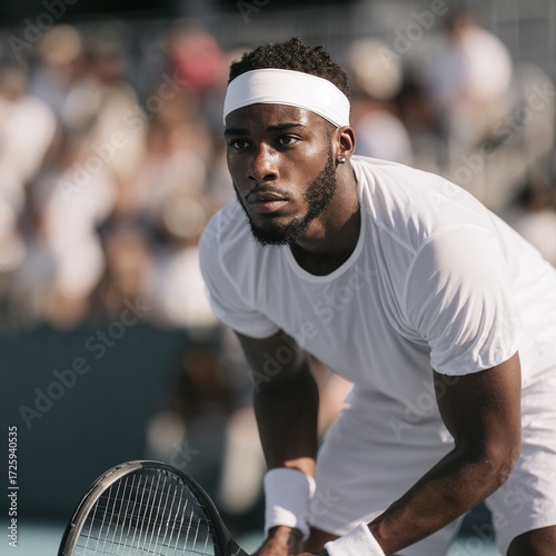 Focused male tennis player in white on outdoor court
