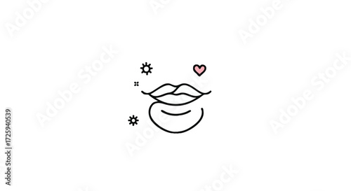 Elegant minimalist line art illustration of lips with a small heart and sparkle accents, symbolizing love, beauty, and gentle expression, perfect for cosmetic or lifestyle branding