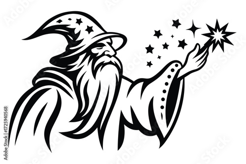 Wizard wearing a star hat waves a magic wand creating stars in black and white