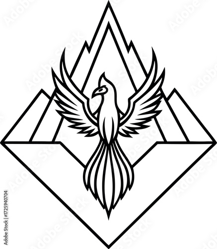 phoenix rising from geometric mountain peak illustration on transparent background
