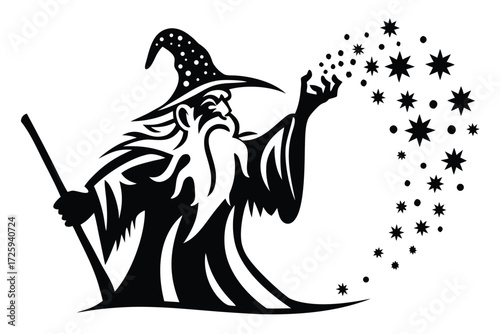 Wizard with a pointed hat casting stars and dots while holding a wand
