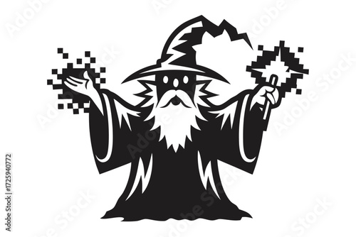 Wizard with long beard wearing peaked hat and summoning pixel magic with hands