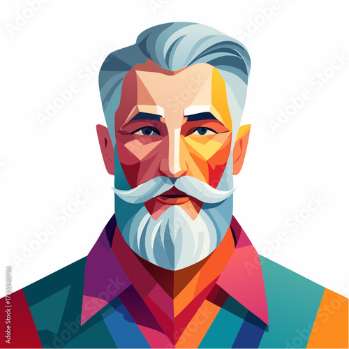 Vibrant and modern geometric portrait of a stylish senior man with a white beard, a digital art concept of mature masculinity and confidence