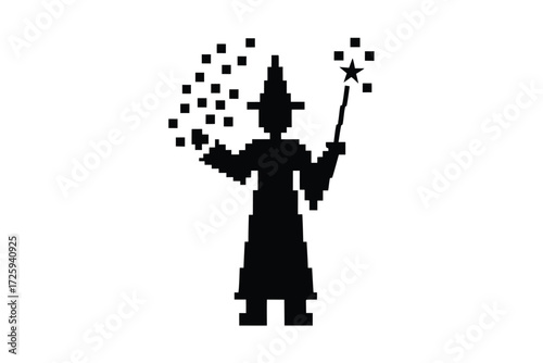 Wizard with pointed hat casts a spell using his wand, creating magical stars