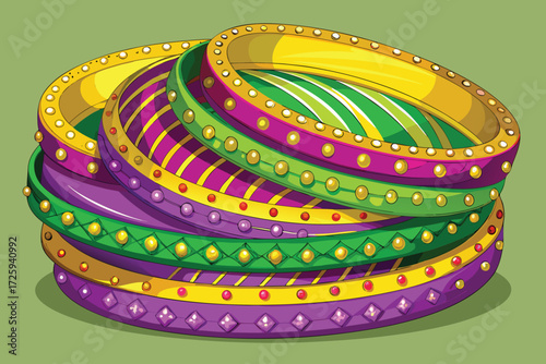 Assortment of Colorful Indian Bangles with Gold Beads and Patterns on Green Background
