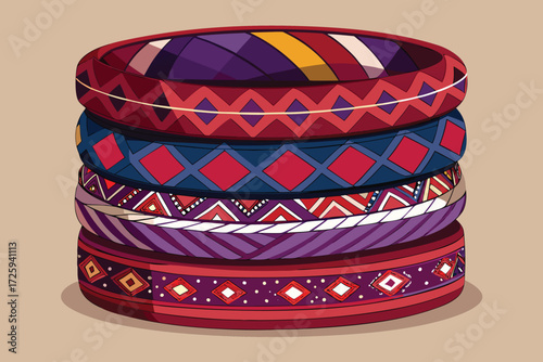Stack of Ethnic Bangles with Geometric Patterns in Red, Blue, and Purple Hues bracelets