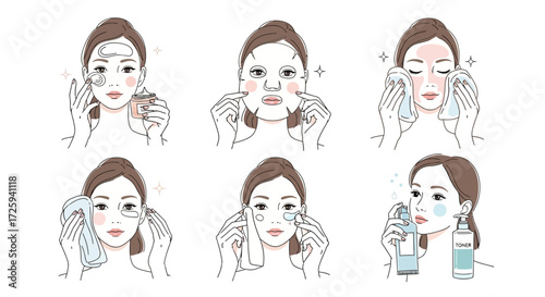 Illustrations of a Woman's Daily Skincare Routine Steps Explained Visually for Healthy Radiant Complexion