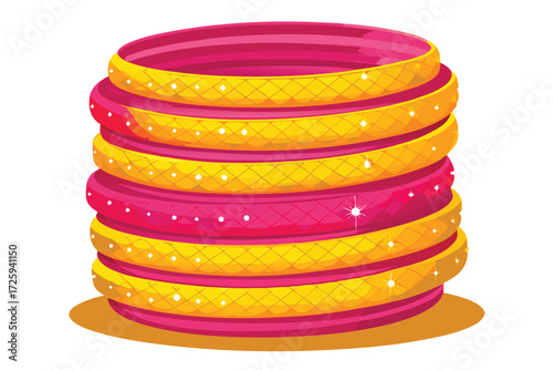 Stack of Sparkling Pink and Yellow Bangles with Diamond Accents Keywords: Indian bangles, wedding jewelry, traditional Indian, cultural