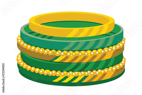 Stack of Green and Gold Bangles with Pearl Accents on White Background Keywords: Green bangles, gold bangles, stacked bangles, pearl accents