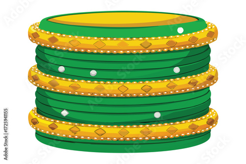 Stack of Green and Gold Indian Bangles with Diamond Patterns and Pearl Embellishments bracelets