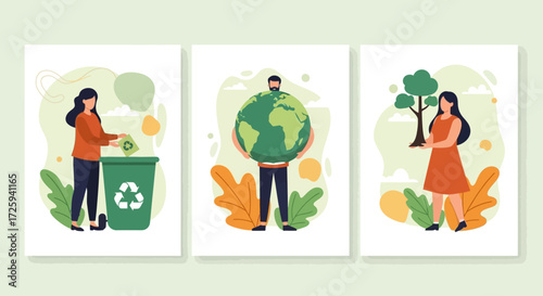 Illustrations of People Caring for the Environment Promoting a Sustainable Future and Protecting Nature