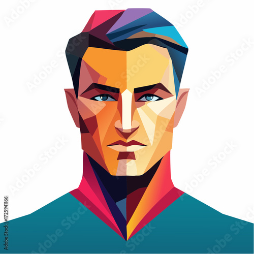 Stylized modern illustration of a man's face depicted in a vibrant, geometric, low-poly art style on an isolated white background