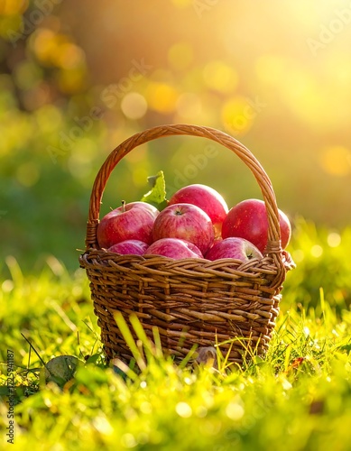 Fototapeta Naklejka Na Ścianę i Meble -  A wicker basket brimming with ripe red apples sits in a sun-dappled grassy field