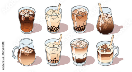 A Colorful Collection of Refreshing Cold Beverages Featuring Various Flavors and Textures Perfect for Summer Enjoyment