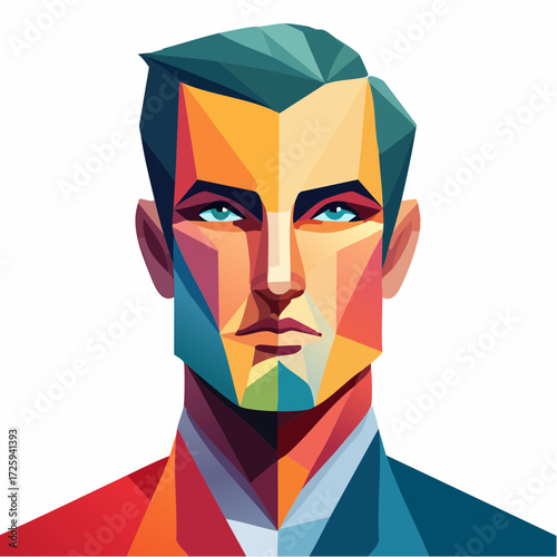 Vibrant geometric portrait of a confident businessman representing modern digital leadership and innovation