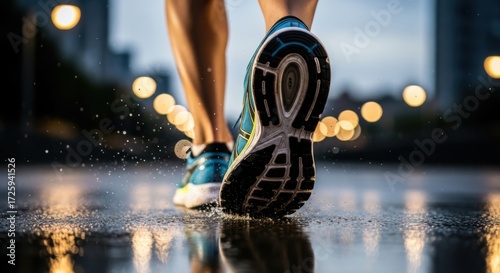 Focused on a runner's athletic shoe making splash on a wet road in the evening light